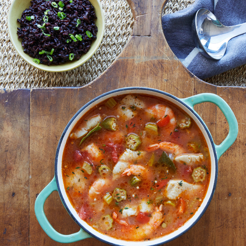 Carolina Catfish Shrimp and Okra Stew w/ Black Rice Pilau