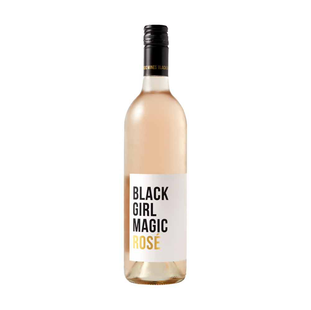 A bottle of Black Girl Magic Rose wine with a white label and black cap, set against a solid white background.
