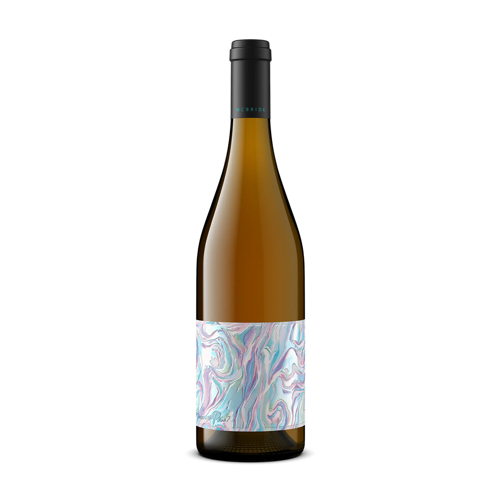 A single wine bottle with a black capsule and a colorful marbled label, centered on a plain white background.