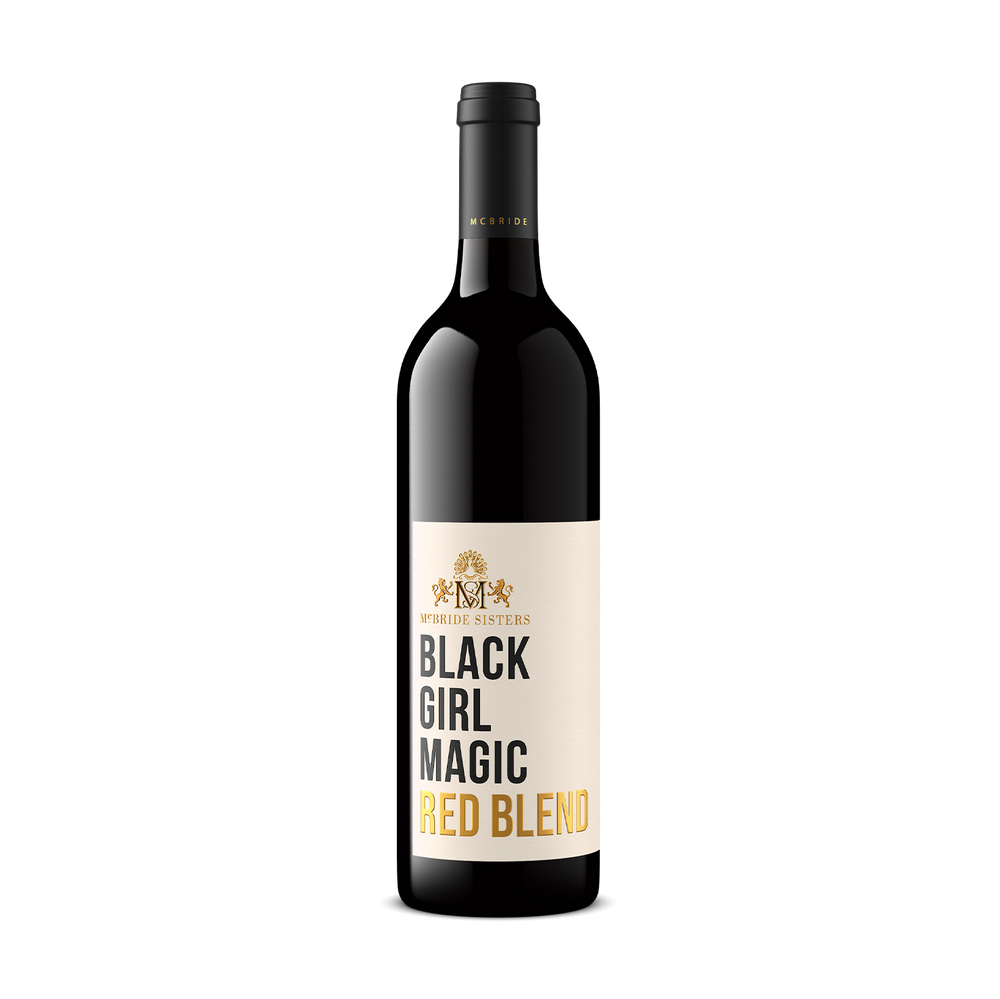 A bottle of Merlot wine with a black label and a cream-colored label featuring the text 'BLACK GIRL MAGIC RED BLEND' in black and gold lettering.