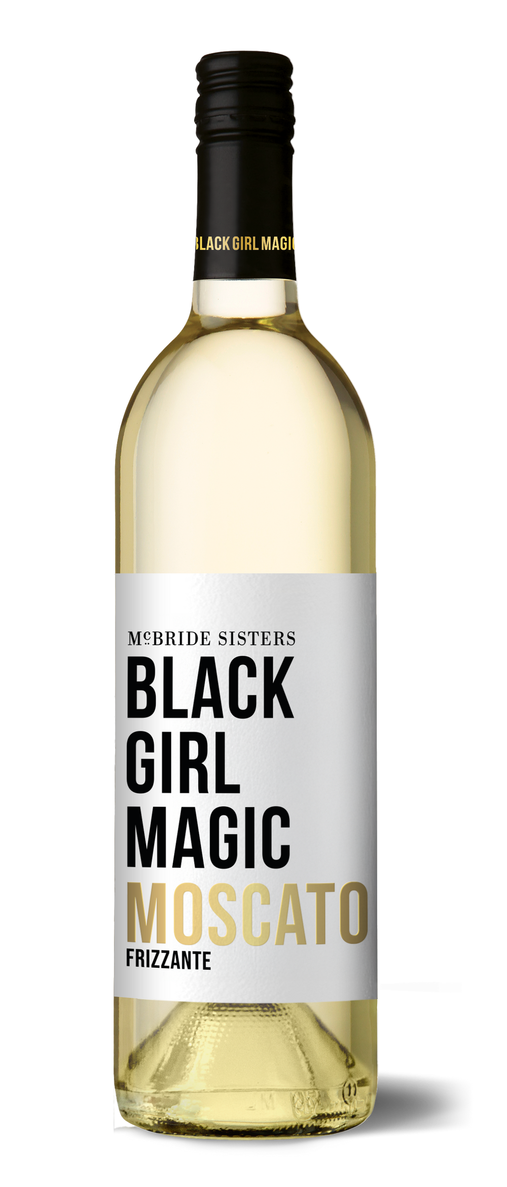 Moscato frizzante wine bottle with yellow liquid and label reading Black Girl Magic