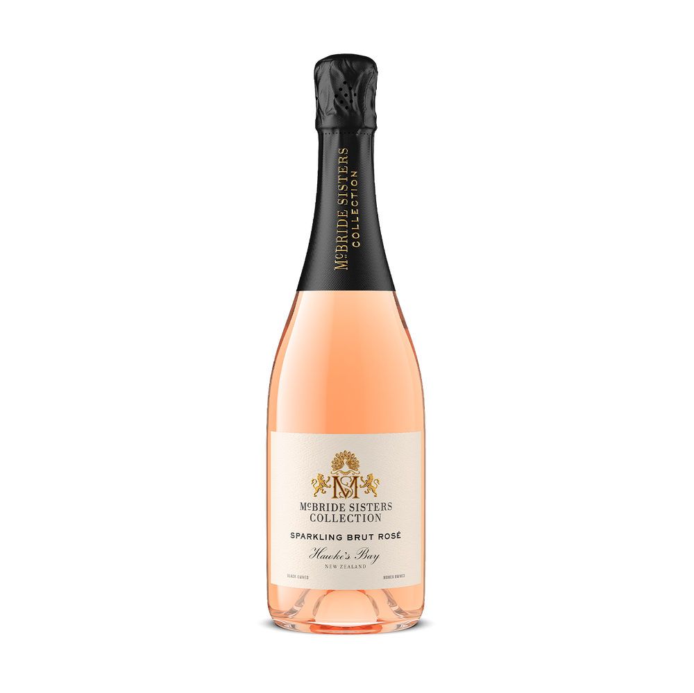 A bottle of Mirabe Sisters Collection Sparkling Brut Rose from Hawke's Bay, New Zealand, featuring a pale pink liquid, a cream-colored label with gold lettering, and a black foil neck wrap.