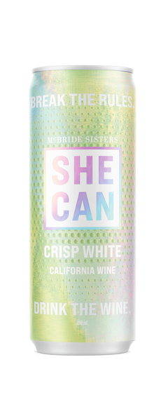 SHE CAN Crisp White wine can, front label with purple and green graphics