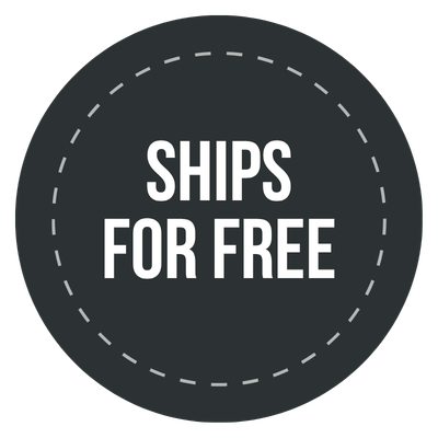 A circular dark gray badge with white text reading “SHIPS FOR FREE” and a dashed oval border, shown on a white background.
