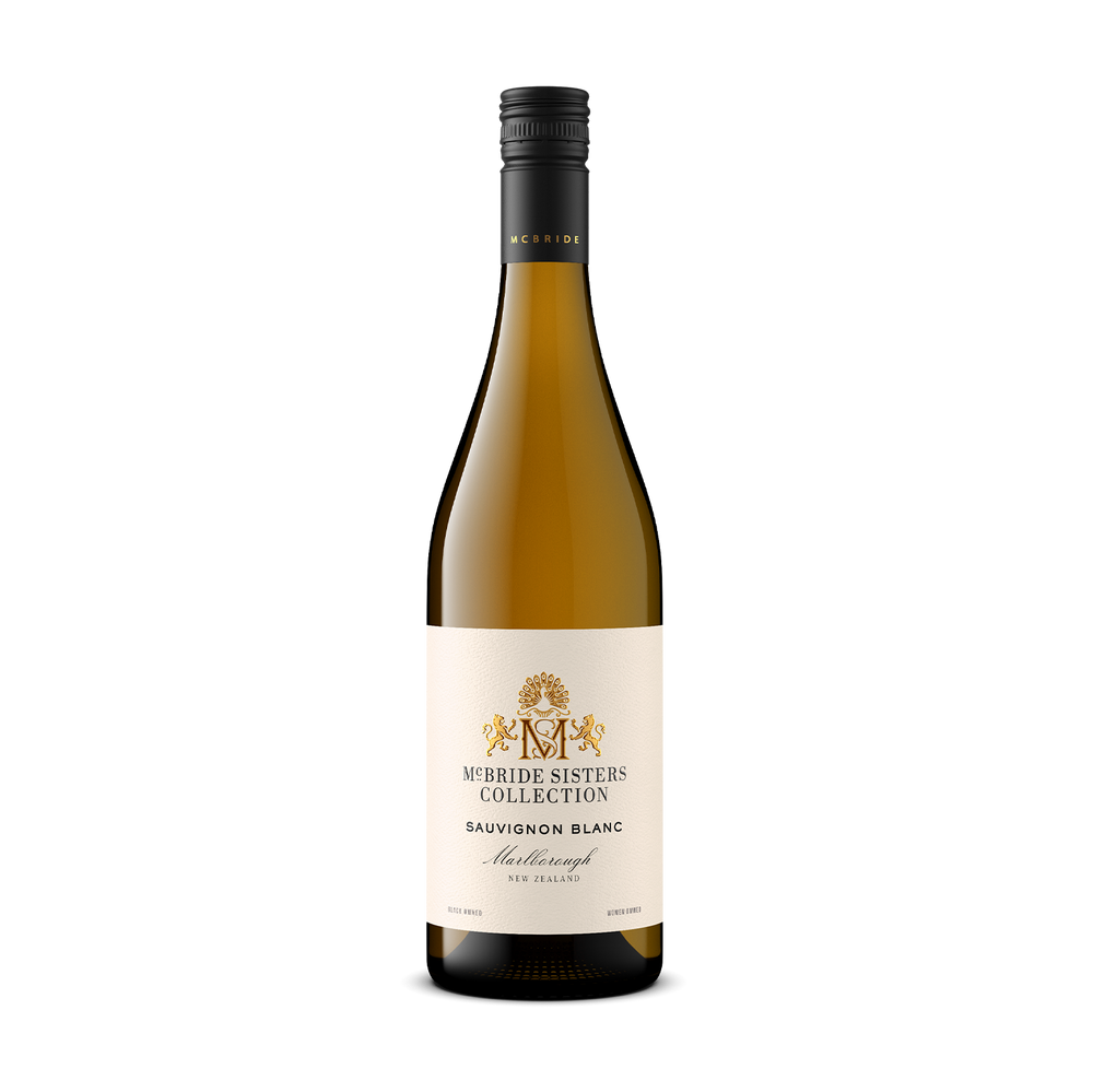 A bottle of McBride Sisters Collection Sauvignon Blanc from the Malloquin Vineyard, featuring a cream-colored label with gold and black text, set against a plain white background.