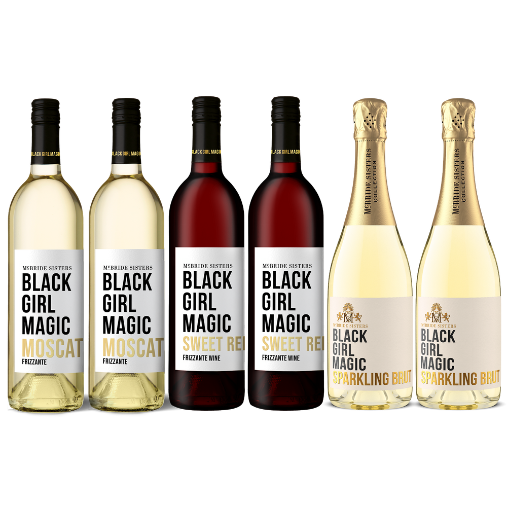 Sparkle & Fizz wine set with six bottles, pale gold and deep red with foil tops