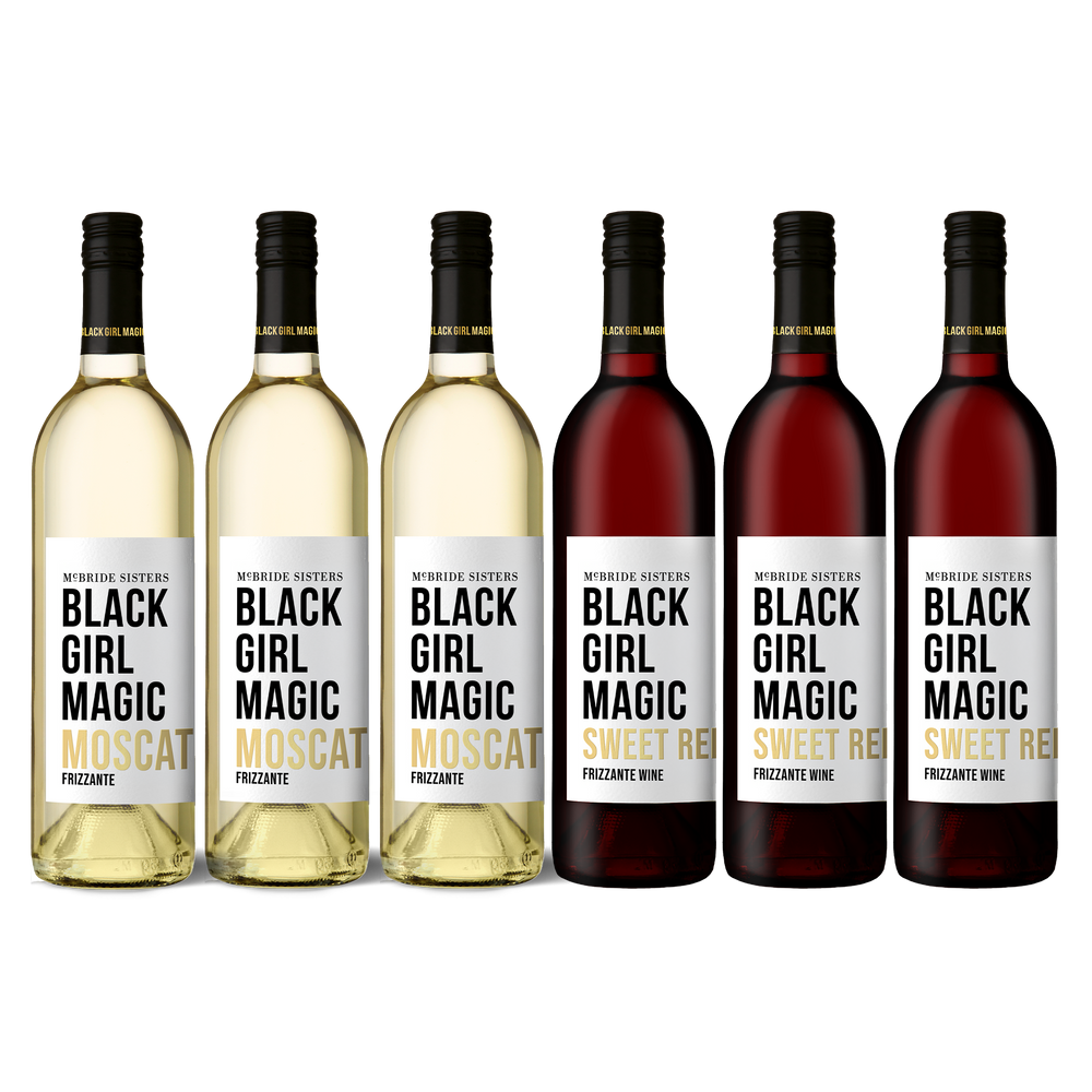 Six Black Girl Magic bottles, three Moscato and three Sweet Red, assorted label views