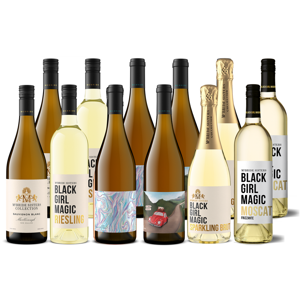 Assorted wine case with multiple white, amber, and sparkling bottles